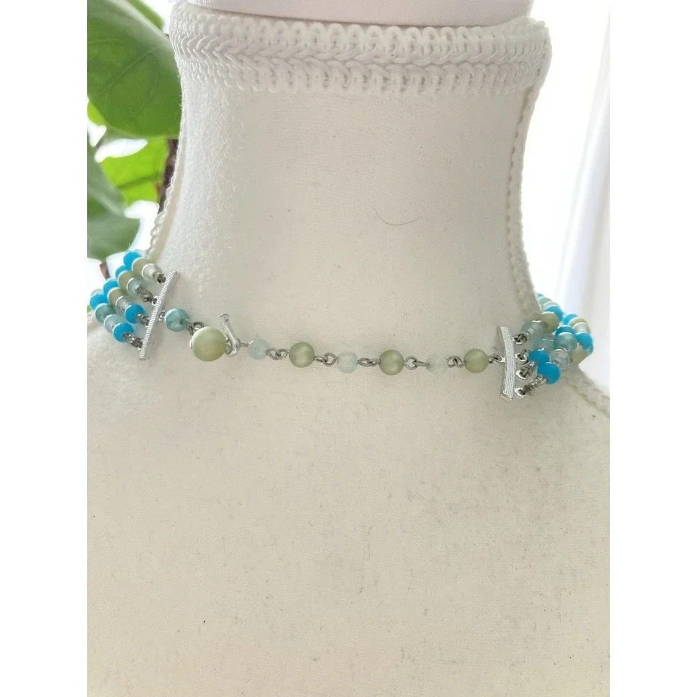 Vintage Aqua Blue Multi Strand Beaded Statement Necklace Art Glass Faux Pearl